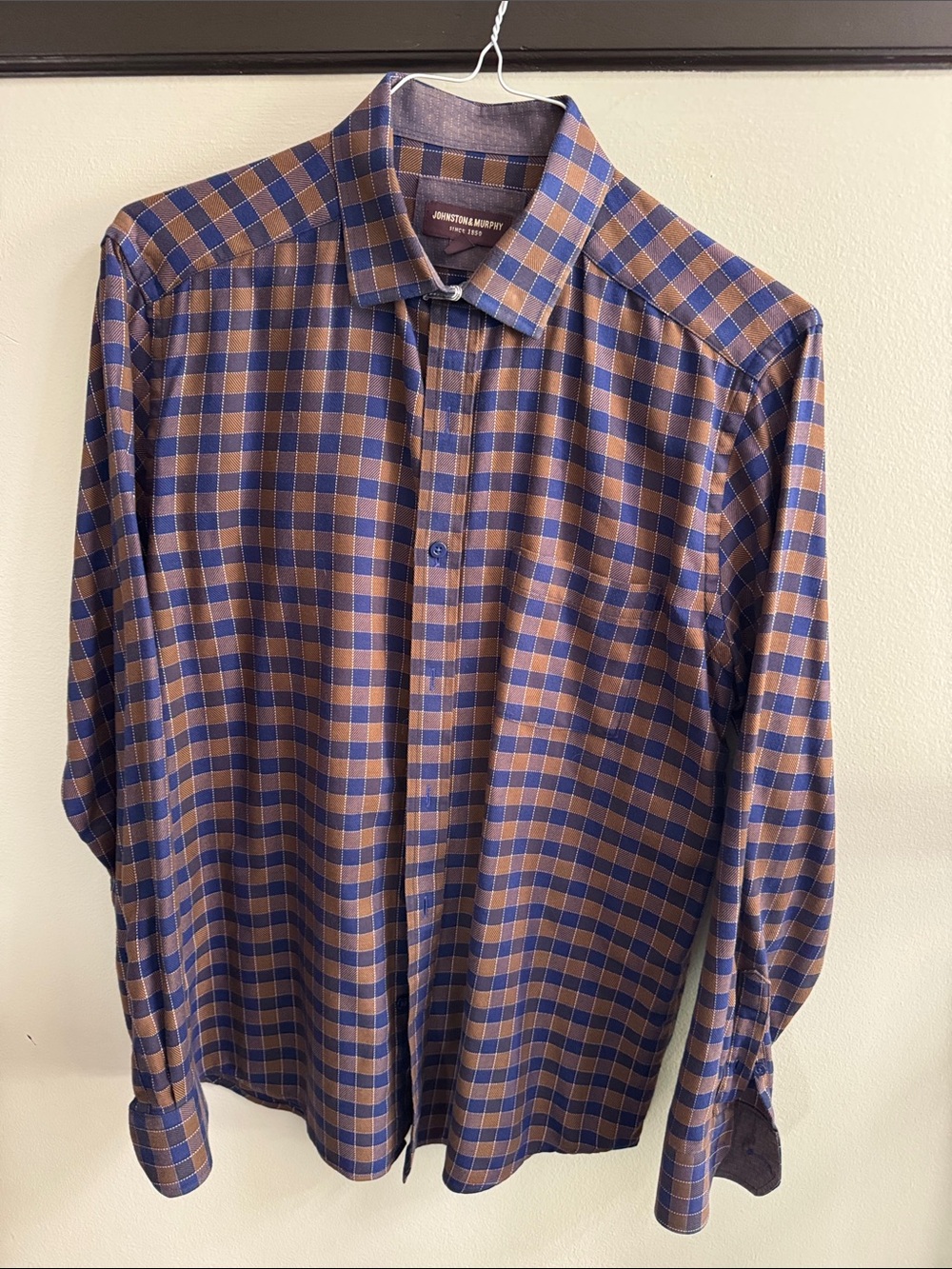 Johnston & Murphy Navy and Brown Check Dress Shirt, Long sleeve, medium